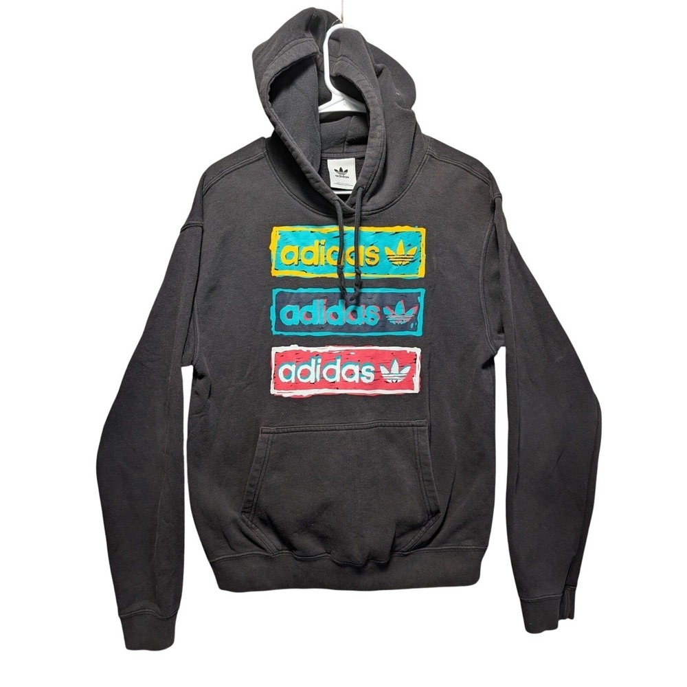 Adidas Originals Mens Triple Stacked Trefoil Box Logo Hoodie Black Pullover M